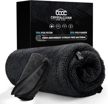 Crystal Clean 1300GSM Car Drying Towel - XL (24x36) Microfiber Towels for Cars with Double Twisted Loop, Professional Detailing Towel for Car Detailers - Quick Dry, Paint Safe & Swirl-Free - color: Dark Grey
