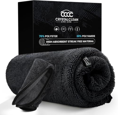 Crystal Clean 1300GSM Car Drying Towel - XL (24x36) Microfiber Towels for Cars with Double Twisted Loop, Professional Detailing Towel for Car Detailers - Quick Dry, Paint Safe & Swirl-Free - color: Dark Grey