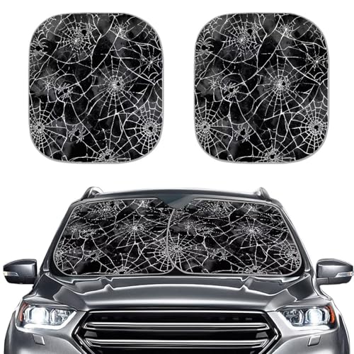 2 Pieces Spider Web Sun Visor for Car Foldable Auto Sun Heat and UV Rays Blocker Sun Shade for Most Sedans SUV MPV Trucks Van Parked in Summer Beach, Camping Parking,Backyard - color: Black Spiderweb