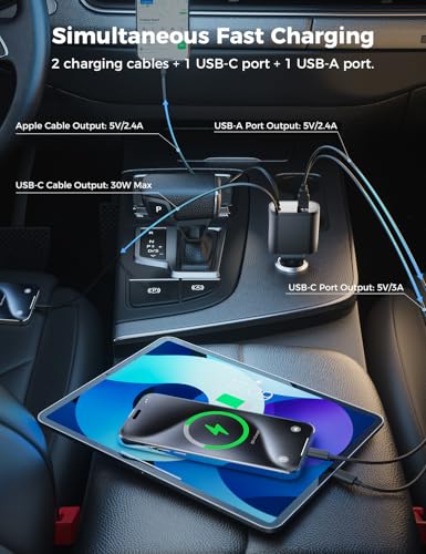 [Upgraded] SUPERONE Retractable Car Charger 4 in 1, Fast Car Phone Charger with Cord 2.6ft, USB C and Apple Car Adapter, Compatible with iPhone 17 16 15/15 Pro Max/14/13/12/11, Galaxy, Pixel - color: Black