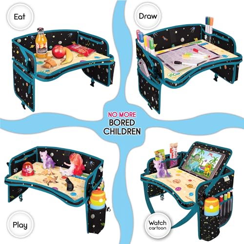 Car Seat Tray for Toddler - Waterproof Carseat Table Top - Kids Travel Tray - Travel and Road Trip Essentials Kids - Lap Desk with Storage -Baby Airplane Travel Accessories (Black) - color: SPACE