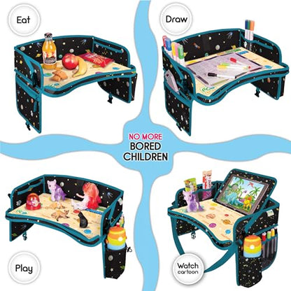 Car Seat Tray for Toddler - Waterproof Carseat Table Top - Kids Travel Tray - Travel and Road Trip Essentials Kids - Lap Desk with Storage -Baby Airplane Travel Accessories (Black) - color: SPACE