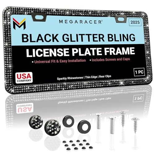 Elegant Bling License Plate Frame for Women - 1 Piece, 800 Premium Black Rhinestones, Rust-Free Stainless Steel, Street Legal Slim Design, Sparkly Diamond Car Tag Holder with Glitter Crystal Caps - color: Black, size: 1 Piece