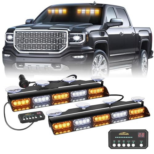 XRIDONSEN 2x 17 inch Emergency Dash Strobe Lights for Trucks Interior Front/Rear Windshield Lights 40 LED Amber White Safety Warning Hazard Lights w/Controller for Plow Trucks Construction Vehicles - color: Amber/White
