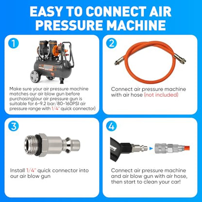 MYPIN Aluminium Car Cleaning Gun with Tapered Nozzle, 6-9.2Bar with 2 Set Nozzle, Pressure Air Blower Blow Gun Producing Powerful Blast of Air for Cleaning Cars, Velvet, Furniture and Carpets - color: White