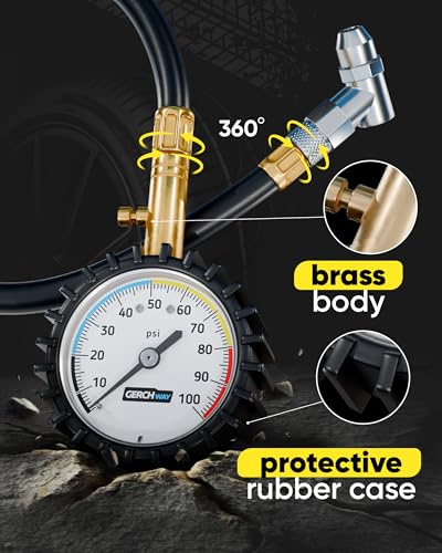 Tire Pressure Gauge 100 PSI - Large Dial Numbers & 45° Angle Chuck, Accurate Air Pressure Gauge for Tires