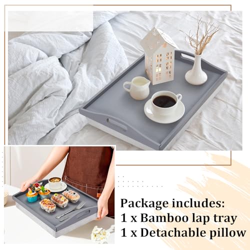 Tioncy 1 Piece Bamboo Lap Tray with Detachable Pillow 16.9'' x 13'' Lap TV Trays Desk with Handles for Adults Eating in Recliner Breakfast Housewarming Gift (Grey) - color: Gray