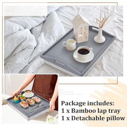 Tioncy 1 Piece Bamboo Lap Tray with Detachable Pillow 16.9'' x 13'' Lap TV Trays Desk with Handles for Adults Eating in Recliner Breakfast Housewarming Gift (Grey) - color: Gray