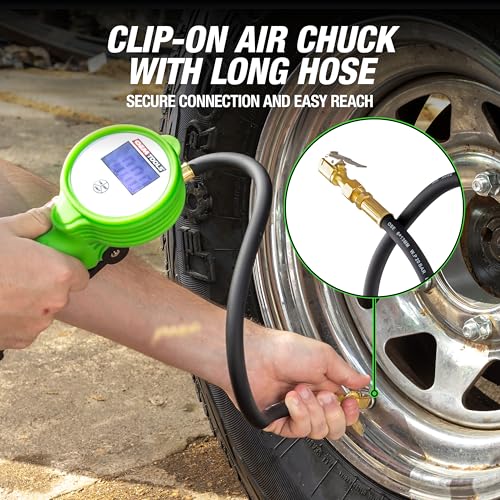 OEMTOOLS 24412 Digital Tire Inflator with Tire Pressure Gauge, Digital LCD Display, 0 to 175 PSI Air Pressure Gauge for Tires with 21” Hose and Clip-On Air Chuck