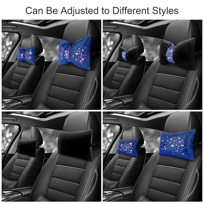surpassme 2PCS Rhinestone Car Headrest Neck Pillow for Driving with Bling Bling Crystal Bow Pillow Car Accessories for Women (Blue) - color: 2 Blue Pillows