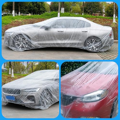4 Pack Disposable Car Covers, Clear Plastic Car Cover Universal Vehicle Cover Rain Dust Garage Cover Car Protective Cover with Elastic Band Medium for Sedan Outdoor Snow Rain Weather(12 ft x 22 ft)