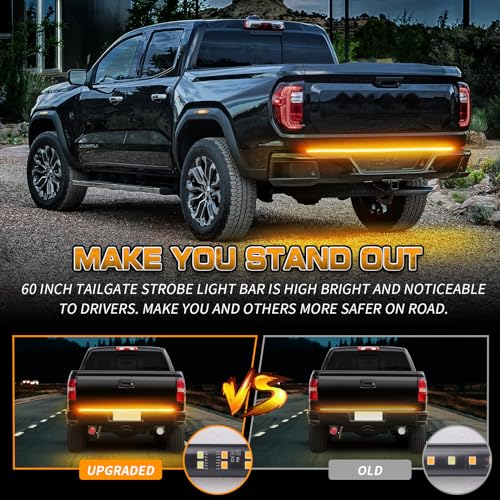 XRIDONSEN 60 inch Truck Tailgate Amber Strobe Lights Strip 360 LED Tail Emergency Light Bar Flashing Warning Hazard Safety Rear Window Lights for Tow Plow Trucks Construction Vehicles Pickup Trailer - color: Amber/Yellow