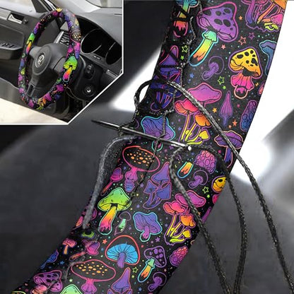 Riakrum 17 Pcs Mushroom Car Seat Covers Mushroom Car Accessories Full Set for Women Men Automotive Rear Front Seat Protector View Mirror Hanging Ornament Steer Wheel Belt Cover(Cool Mushroom) - style: Cool Mushroom