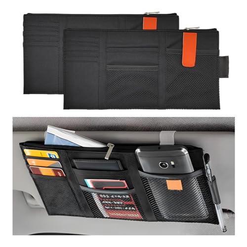 2 PCS Car Sun Visor Organizer, Auto Interior Visor Storage Pouch Holder with Zipper, Multi-Pocket Net Personal Belonging Organizer, Universal Car Accessory for Card, Document (Black) - color: Black, size: 2 PCS