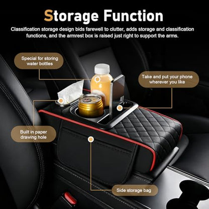 WZP Car Center Console Armrest Pillow, Memory Foam Leather Armrest Cover with Cup Holder Phone Holder Storage Pocket Tissue Holder, Universal Height Enhancement Car Armrest Cushion (Black&Red Line) - color: Black&Red Line