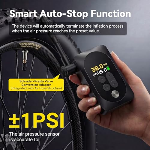 Mini Electric Bike Pump, 120g Ultra-Light 150 PSI Portable Bike Tire Inflator with Digital Gauge, USB-C Rechargeable Auto-Stop, Presta & Schrader for Road Mountain E-Bike - color: Mini Black