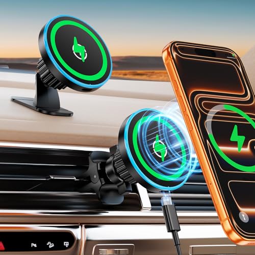 for Magsafe Car Mount Charger, [100% Stable] 15W 2 in1 Magnetic Wireless Car Charger, Vent/Dashboard Phone Holders for Your Car for Women Men Car Phone Holder Car Charger for iPhone 17 16 15 14 13