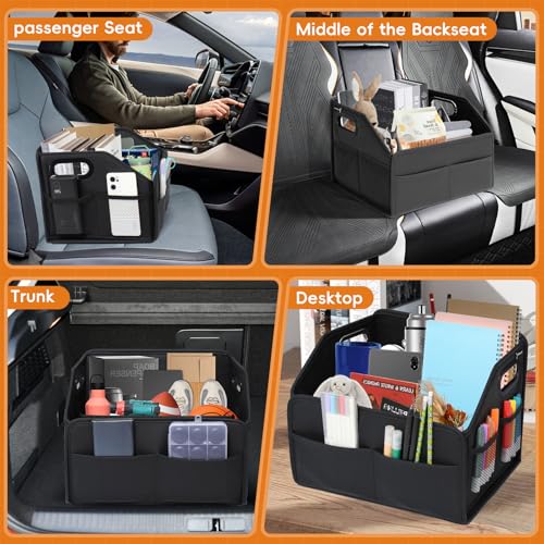 Car Storage Organizer Reinforced Dividable Leather Car Caddy Basket for Front Seat Floor Back Sturdy Frosted Handle 8 Compartments Adjustable Strap Buckles Slip-Resistant for SUV Truck