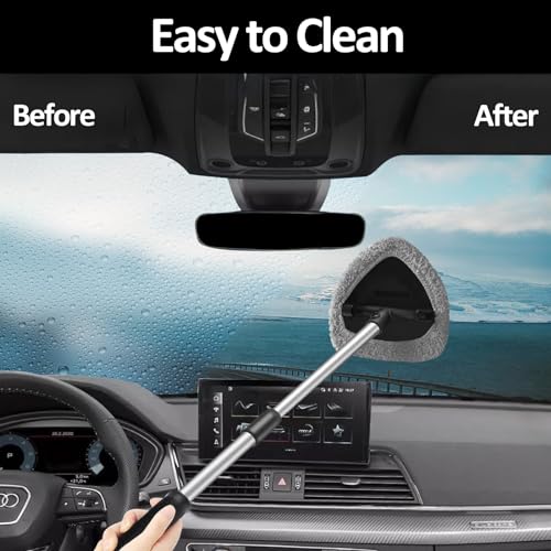 Car Windshield Cleaning Tools, Expandable Car Window Cleaner kit with 4 Reusable Microfiber Pads, Windshield Cleaning Wand Tool, Auto Interior Dust Brush, for Trucks, SUVs, RVs etc - color: grey