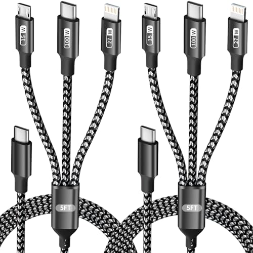 100W USB C Multi Charging Cable with E-Mark Chip, 3 in 1 USB C Fast Charging Cable, Universal Multiple Charger Cord with Type-C, Micro USB, IP Port for iPhone16/15/14/Cell Phones and More (2Pack 5FT) - color: Black+Gray
