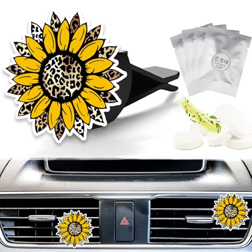 Cute Car Air Freshener Clips Leopard Sunflower Car Vent Clip Sunflower Cars Scents Cologne Air Conditioner Clip Auto Vent Interior Decoration Cars Accessories Sunflowers Loves Gifts for Women Men - color: Leopard Sunflower
