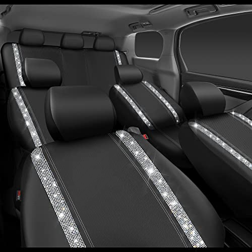 CAR PASS Bling Diamond Car Seat Covers, Shining Rhinestones Waterproof Faux Leather, 7 Seats 3 Rows with Zipper Glitter Crystal Sparkle Strips Universal Fit 95% MPV,SUV,CAR for Women Girl, Silver - color: Silver Seven Seats, size: Full Set