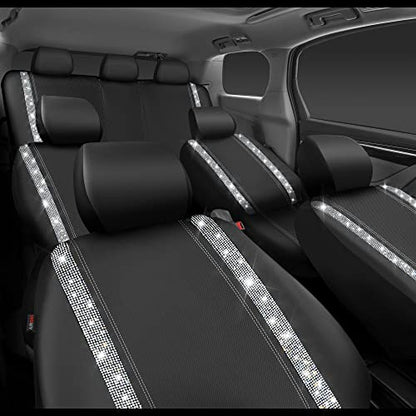 CAR PASS Bling Diamond Car Seat Covers, Shining Rhinestones Waterproof Faux Leather, 7 Seats 3 Rows with Zipper Glitter Crystal Sparkle Strips Universal Fit 95% MPV,SUV,CAR for Women Girl, Silver - color: Silver Seven Seats, size: Full Set