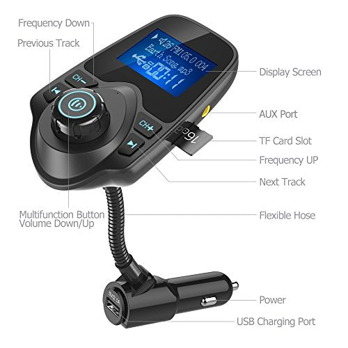 Nulaxy Bluetooth Car FM Transmitter Audio Adapter Receiver Wireless Handsfree Voltmeter Car Kit TF Card AUX 1.44 Display - KM18 Black Matte - color: Black Matte