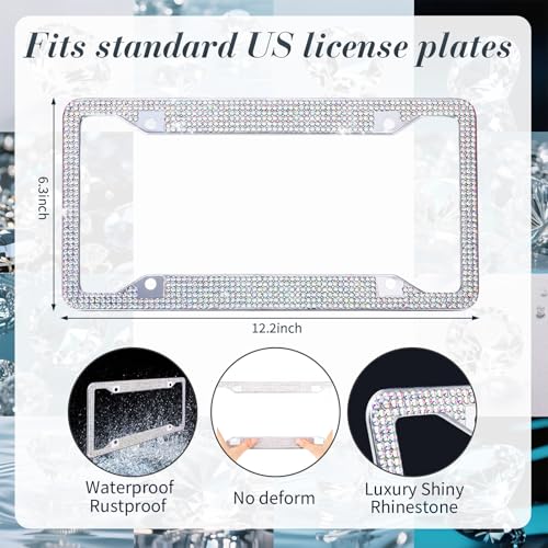Timtin 2 Pcs Bling License Plate Frame Sparkly Rhinestone Diamond Accessories Stainless Steel Front License Plate Cover with Bling 4 Crystal Tire Valve Caps 1 Start Ring Sticker(Colorful) - color: Colorful