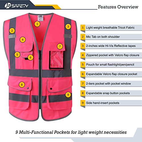 JKSafety 9 Pockets Class 2 High Visibility Zipper Front Safety Vest With Reflective Strips, Meets ANSI/ISEA Standards (Medium, 150-Pink) - color: Pink, size: Medium