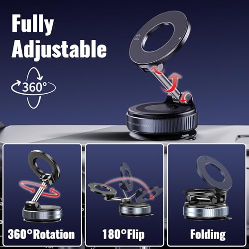 Minson's BestShop Vacuum Magnetic Car Phone Holder - 108lbs Suction & 3000gf Magnet, 360° Foldable Car Phone Mount for iPhone 16-12, Samsung, Android in All Vehicles/Gym/Mirror/Smooth Surfaces