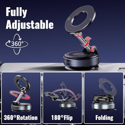 Minson's BestShop Vacuum Magnetic Car Phone Holder - 108lbs Suction & 3000gf Magnet, 360° Foldable Car Phone Mount for iPhone 16-12, Samsung, Android in All Vehicles/Gym/Mirror/Smooth Surfaces