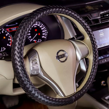 Carwales Car Leather Steering Wheel Cover Men Luxury Black Hand-Made Wrap Hand Woven Universal 14.5-15 Inch - color: Black