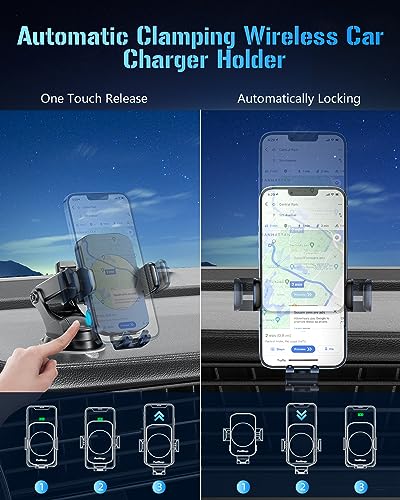 BothLin Wireless Car Charger, Fast Charging Phone Holder 3 in 1 Phone Mount Auto Clamping Car Accessories Compatible with iPhone 17 16 15 14 13 12 11 Xs XR, Samsung S23 Ultra S22 S21 S20(Deep Blue) - color: Deep Blue