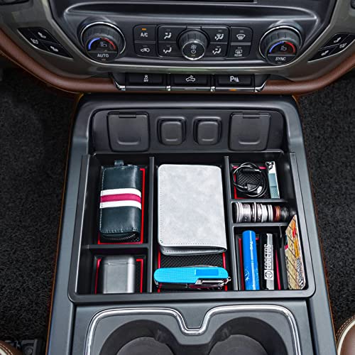 EDBETOS Console Organizer Compatible with 2014-2018 Chevy Silverado/GMC Sierra 1500 and 2015-2019 Silverado/Sierra 2500HD/3500HD Accessories Compartment Insert Tray - Full Console w/Bucket Seats ONLY - color: Red Trim