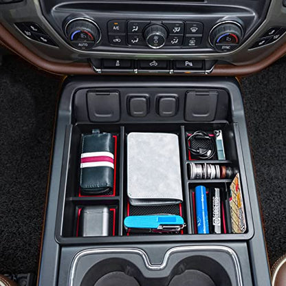 EDBETOS Console Organizer Compatible with 2014-2018 Chevy Silverado/GMC Sierra 1500 and 2015-2019 Silverado/Sierra 2500HD/3500HD Accessories Compartment Insert Tray - Full Console w/Bucket Seats ONLY - color: Red Trim