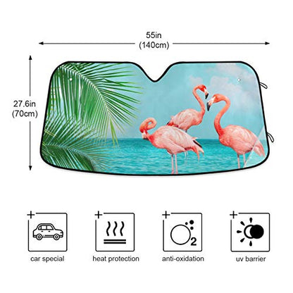Retro Flamingos Standing Blue Sea Car Windshield Sunshade Foldable Reflective Sun Shade Blocks UV Rays - color: Flamingo