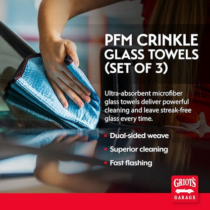 Griot's Garage PFM Crinkle Glass Towels for Car Detailing, Streak-Free Cleaning for Windows, Windshield, Mirrors, and More, 16" x 16", 55583, Set of 3
