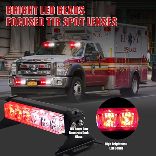 2X 6.1 inch Emergency Strobe Lights Red White 12 LED Hazard Warning Flashing Safety Front/Rear Windshield Deck Split Lights Grille for Volunteer Firefighter Vehicles POV Trucks - color: 12LED Red/White
