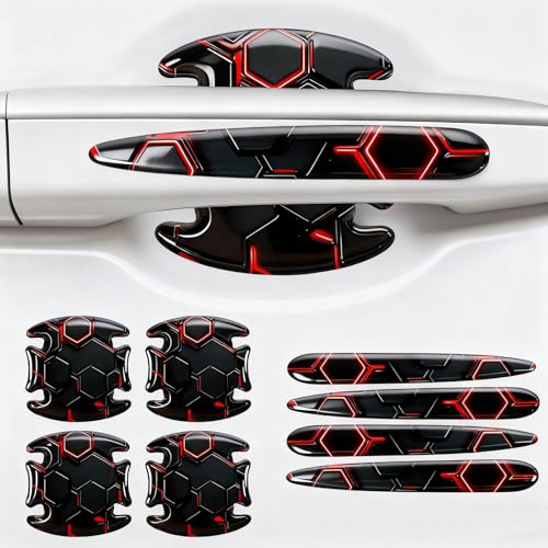 8PCS Car Door Handle Scratch Protectors,3D Patterned-Marking，Anti Scratch, Automotive Door Handle Paint Protective Film Cover Accessories, Universal for Most Cars (Black-Red) - color: Black-Red