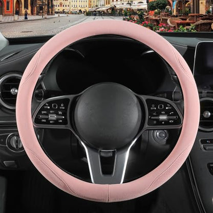 Pink Suede Steering Wheel Cover, Breathable Non-Slip Sweat-Proof Wear-Resistant No Pilling, Warm in Winter and Cool in Summer, Universal 15 inch - color: Pink, size: Round-M[14.5''-15'']