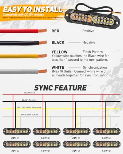 HLauto 1200T Emergency Strobe Grille Lights: 8pcs 12 LED Sync Feature Safety Warning Flashing Lights, Ultra Slim Surface Mount Hazard Caution Lights for Trucks, Vehicles, Car, ATV, UTV (Amber) - color: Amber