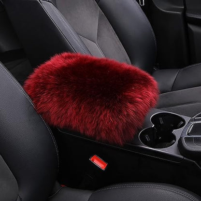 Genuine Sheepskin Center Console Cover Pad Genuine Furry Fluffy Wool Fur Car Armrest Cover Protector Universal Fit for SUV/Truck/Car - color: Long Wool-Wine Red
