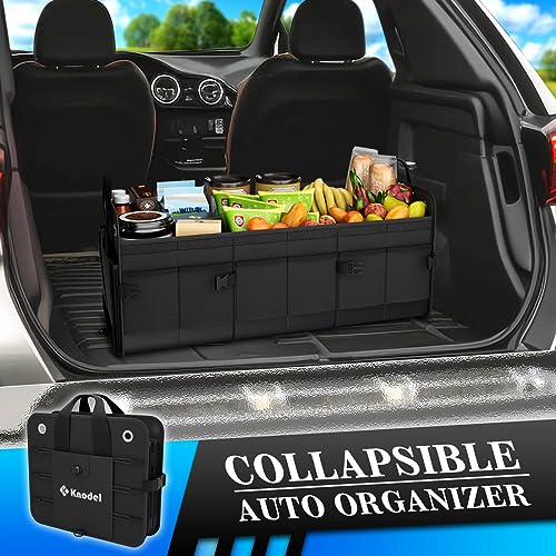 K KNODEL Car Trunk Organizer, Foldable Cover, Heavy Duty Collapsible Truck Storage Organizer, Car Cargo Trunk Organizer with Lid, 3 Compartments, with Straps (Black)