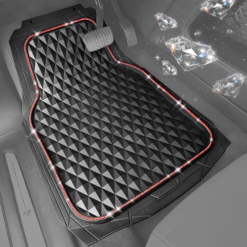 CAR PASS Bling Diamond Rubber Car Mats, Heavy Duty Deep Dish All-Weather Floor Mat Full Set Anti-Slip 3D Rhombus Waterproof Trim to Fit Liner Universal Glitter Sparkly Shining Rhinestone, 3 Pcs Red - color: Red Diamond