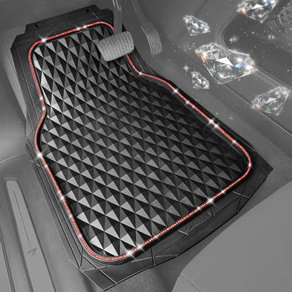 CAR PASS Bling Diamond Rubber Car Mats, Heavy Duty Deep Dish All-Weather Floor Mat Full Set Anti-Slip 3D Rhombus Waterproof Trim to Fit Liner Universal Glitter Sparkly Shining Rhinestone, 3 Pcs Red - color: Red Diamond