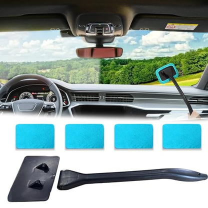 Windshield Cleaning Tool, Extendable Handle Car Window Cleaner with 4 Reusable Microfiber Pads, Auto Inside Glass Wiper for Car Windscreen Cleaning - color: Light blue