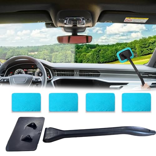 Windshield Cleaning Tool, Extendable Handle Car Window Cleaner with 4 Reusable Microfiber Pads, Auto Inside Glass Wiper for Car Windscreen Cleaning - color: Light blue