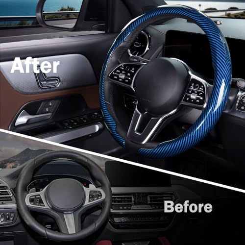 Car Steering Wheel Cover Carbon Fiber Snap On Steering Wheel Accessories Wrap 14.5-15 inch Universal Grip Anti-Skid Protector, Glossy Blue - color: Glossy Blue