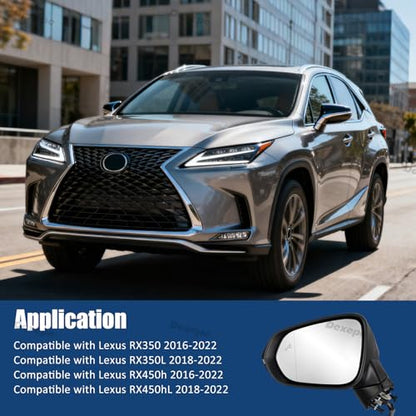 Driver Side Mirror Assembly Compatible with Lexus RX 350 350L 450h 450hL 2016-2022 Anti-Glare With Heated, Blind Spot Monitor, Turn Signal, Power Folding Adjustable Memory Black (15 Pin Left) - size: 15Pin Left